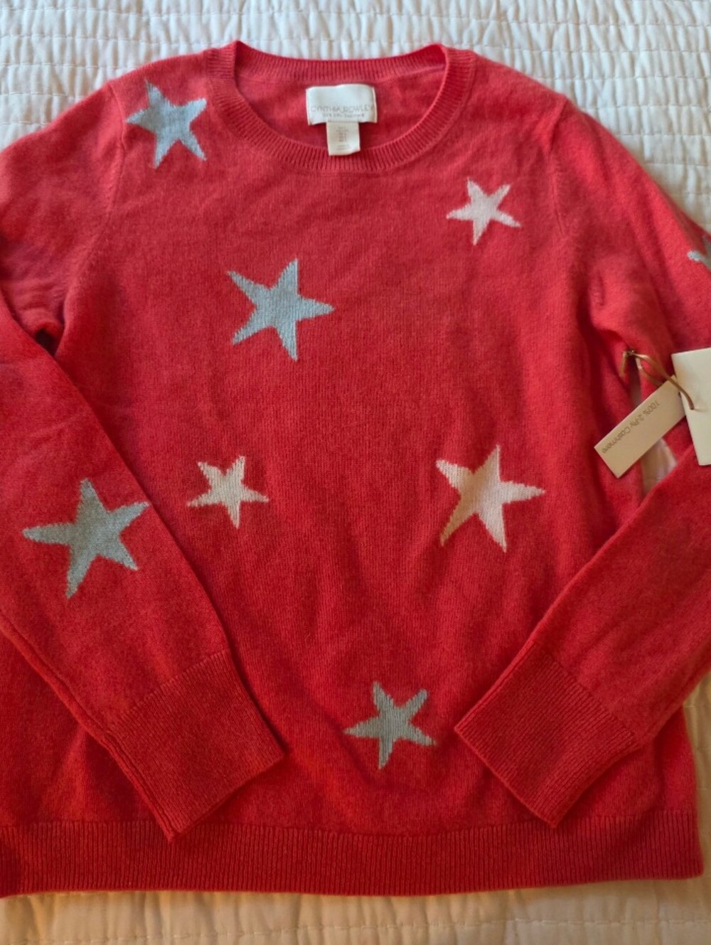 100% 2-Ply Cashmere Sweater - Coral w/ White &  Silver Stars Cynthia Rowley Sz M